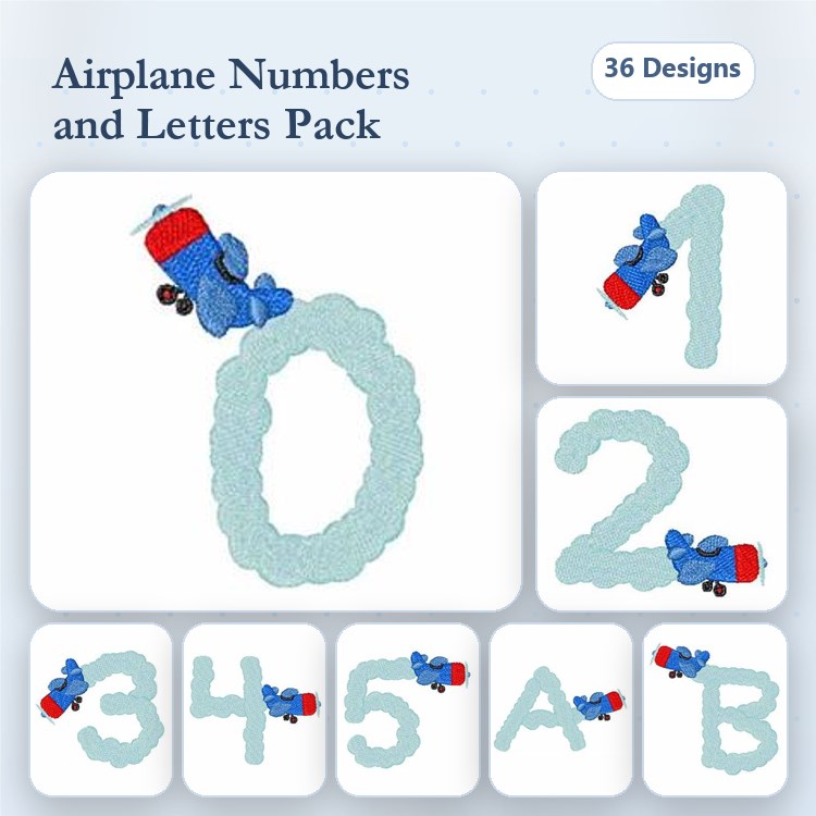 Airplane-Themed Numbers & Letters Embroidery Designs Bundle – Number 0, Number 1, Letter A & More (36 Designs)