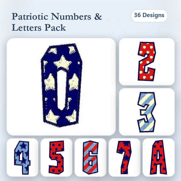 Applique Patriotic Numbers & Letters Embroidery Bundle – 0, 1, 2, 3, 4, 5, 6, 7, A & More (36 Designs)