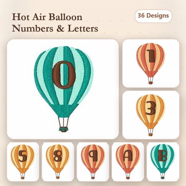 Hot Air Balloon Numbers & Letters Embroidery Designs Bundle – Unique Balloons & More (36 Designs)
