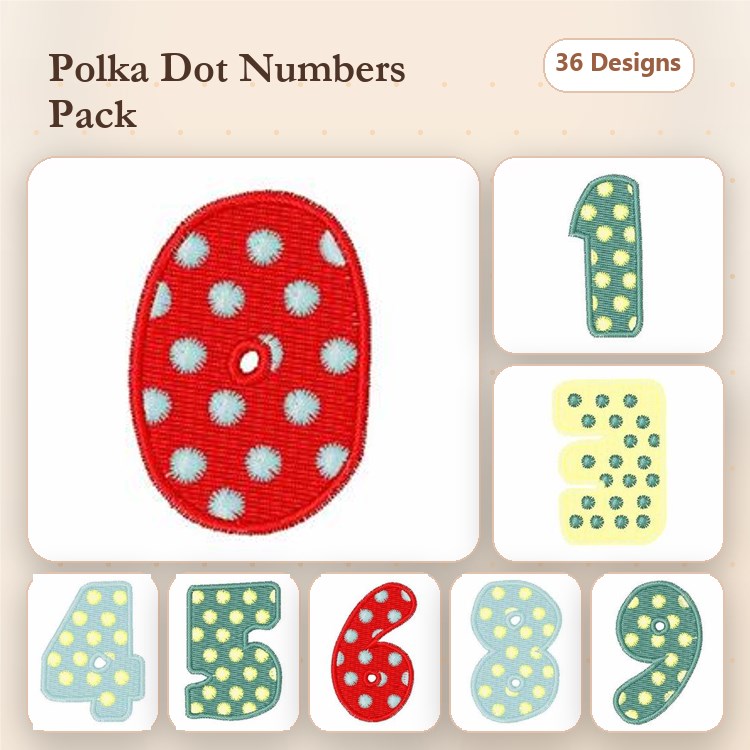 Applique Polka Dot Numbers Embroidery Bundle – Red Polka Dot Shape & More (36 Designs)