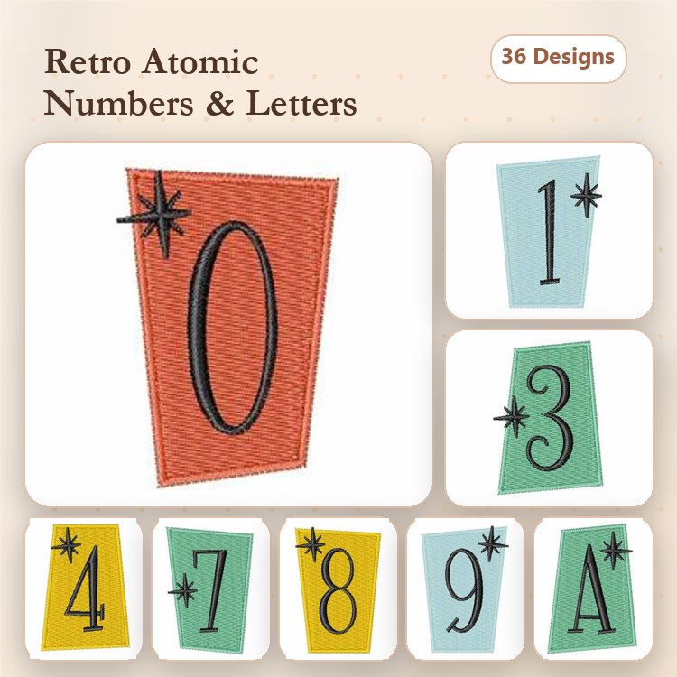 Applique Retro Atomic Numbers & Letter Embroidery Bundle – Number 0, Number 1, Number 3, Letter A & More (36 Designs)