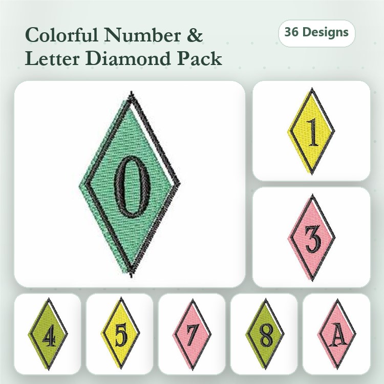 Colorful Diamond-Shaped Letters & Numbers Embroidery Bundle – Number 0, Number 1, Letter A & More (36 Designs)