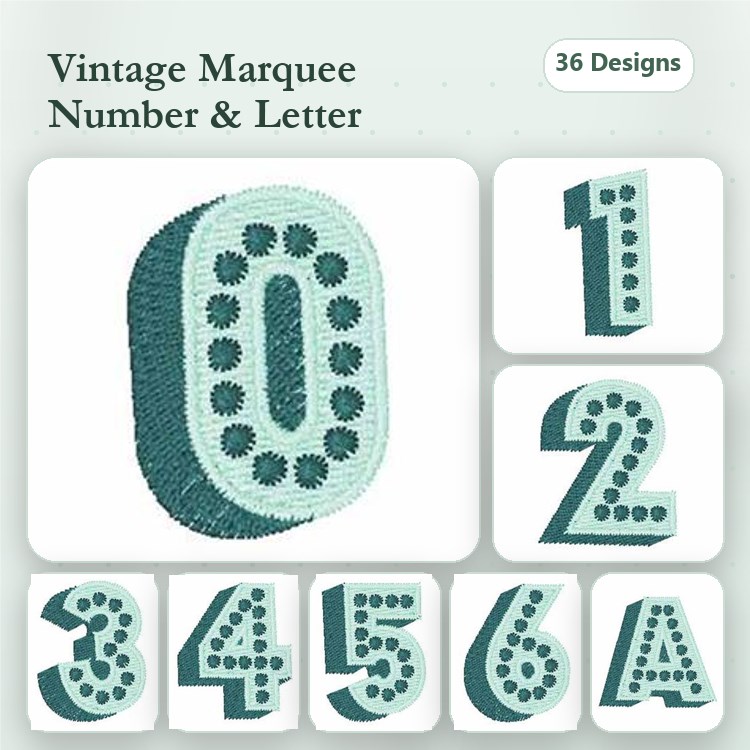 Vintage Marquee Numbers & Letter Embroidery Bundle – Number 0, Number 1, Number 2, Letter A & More (36 Designs)