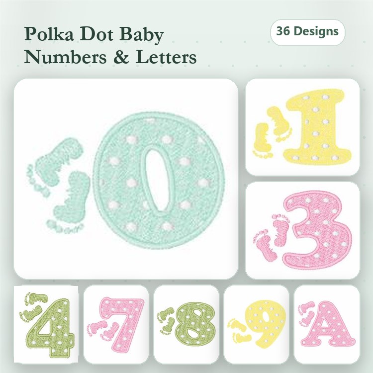 Polka Dot Baby Numbers Embroidery Bundle – 0 to 9, Letter A & More (36 Designs)