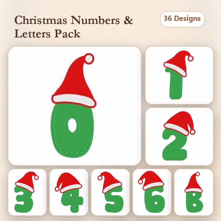 Applique Christmas Numbers Embroidery Bundle – Number 0 with Santa Hat, Number 1 with Santa Hat & More (36 Designs)