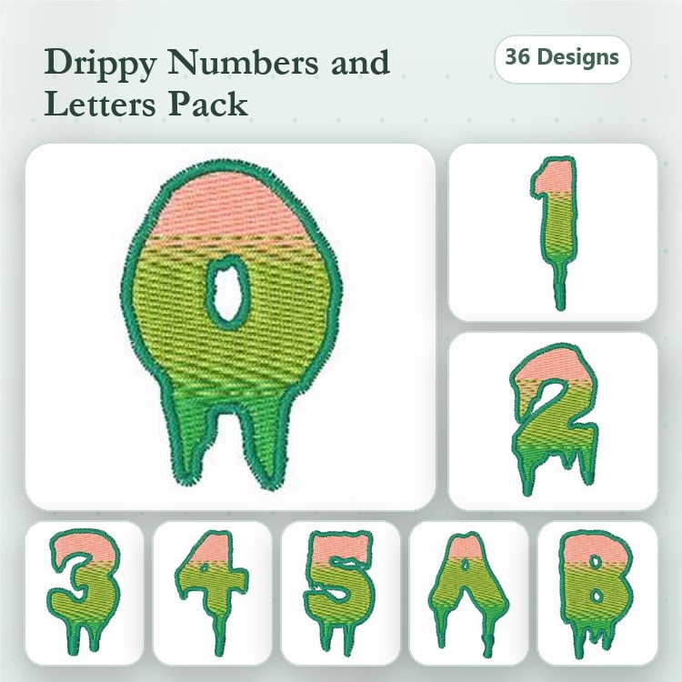 Drippy Numbers & Letters Embroidery Designs Bundle – Drippy Number 0, Drippy Number 1, Drippy Letter A & More (36 Designs)
