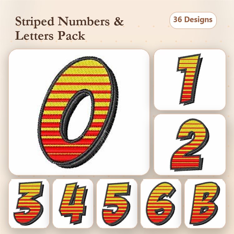 Striped Numbers & Letters Embroidery Bundle – Striped Number 0, Striped Number 1, Striped Number 2 & More (36 Designs)