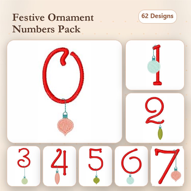 Festive Number Ornaments Embroidery Designs Bundle – Number 0, Number 1, Number 2 & More (62 Designs)