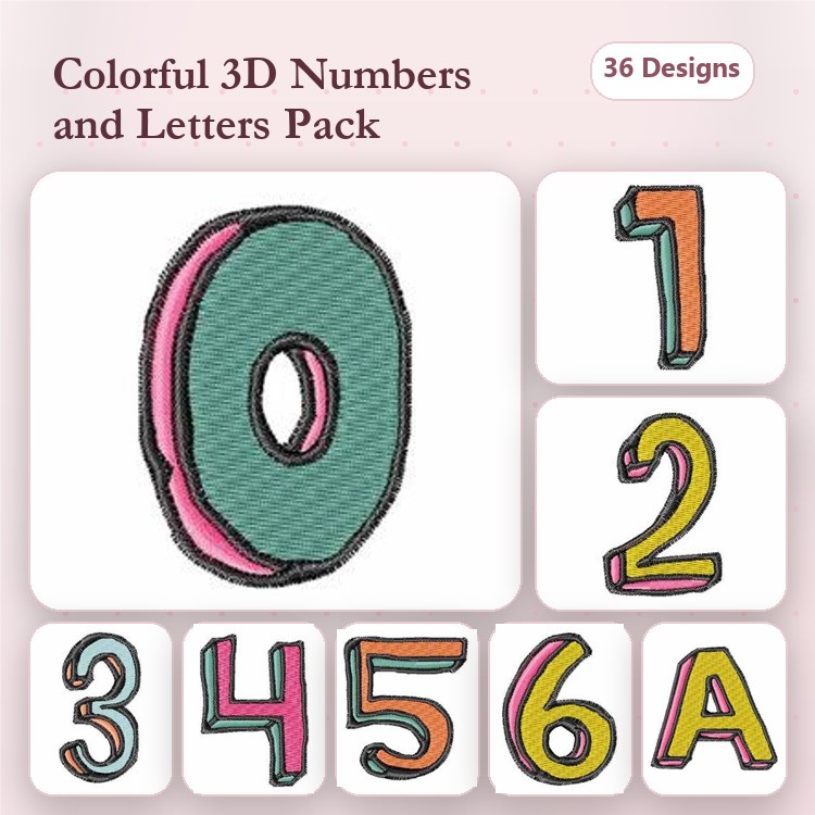 Colorful 3D Numbers and Letters Embroidery Designs Bundle – 0, 1, 2, 3, 4, 5, 6, A & More (36 Designs)