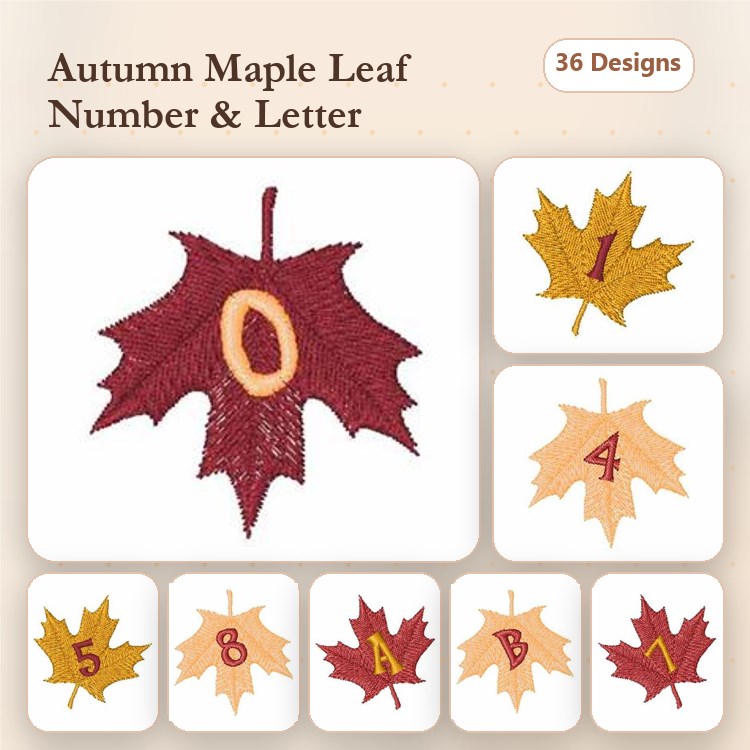 Autumn Maple Leaf Embroidery Designs Bundle – Maple Leaf with Letter A, Maple Leaf with Number 0, & More (36 Designs)