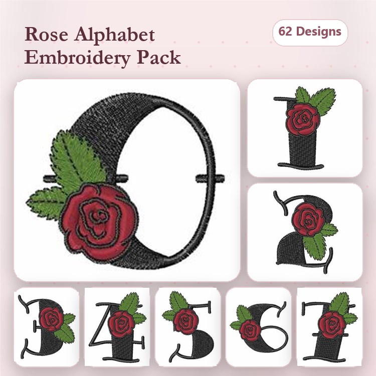 Rose Alphabet Embroidery Designs Bundle – Letter A with Rose, Letter B with Rose, Letter C with Rose & More (62 Designs)