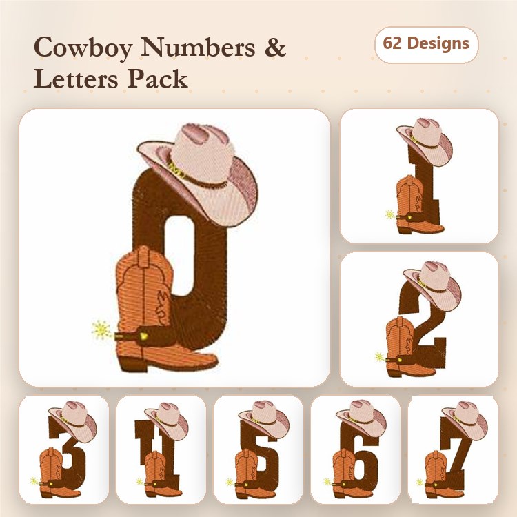 Cowboy-Themed Numbers & Letters Embroidery Designs Bundle – Number 0 with Cowboy Hat and Boot, Number 1 with Cowboy Hat and Boot & More (62 Designs)
