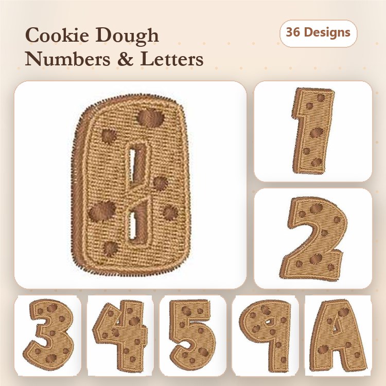 Cookie Dough Numbers & Letters Embroidery Designs Bundle – Number 0, Number 1, Letter A & More (36 Designs)