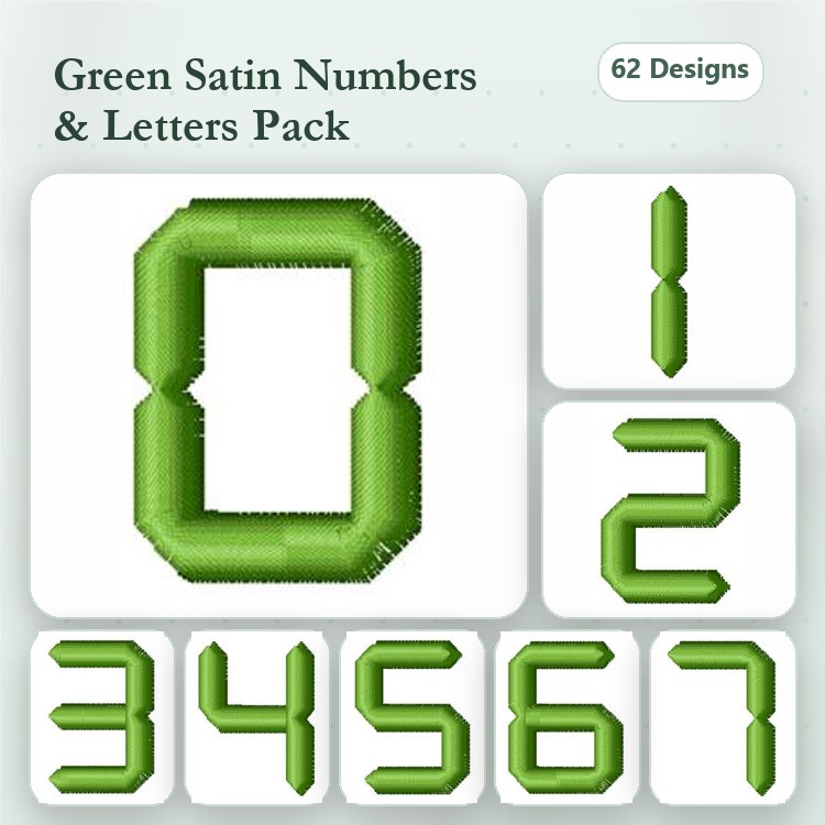 Green Satin Embroidery Bundle – Numbers, Letters & More (62 Designs)