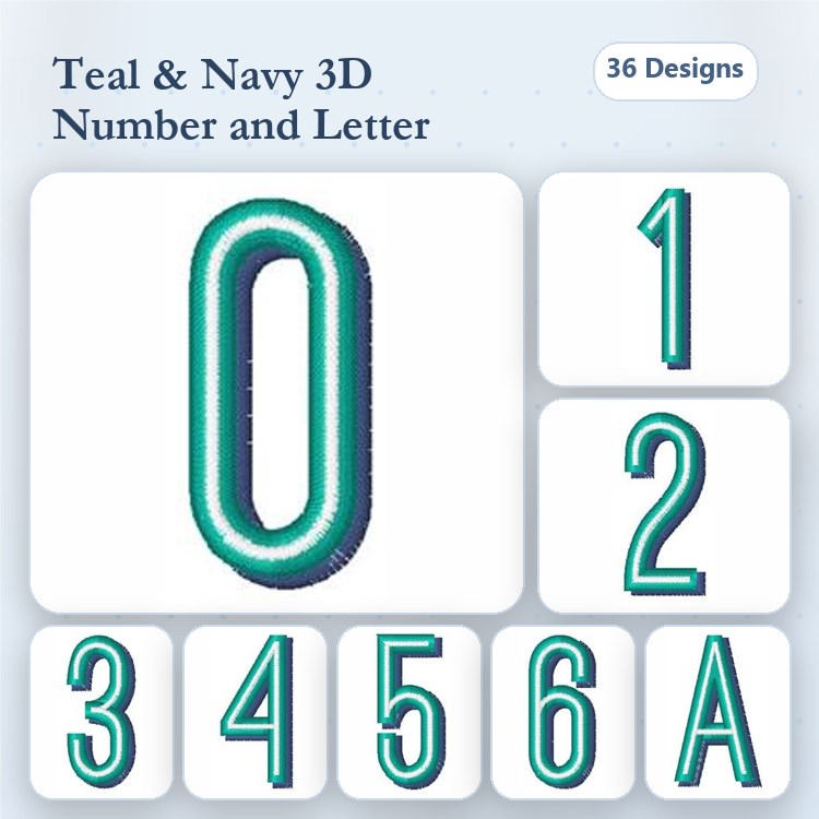Teal and Navy 3D Numbers & Letters Embroidery Bundle – Number 0, Number 1, Number 2, Number 3 & More (36 Designs)