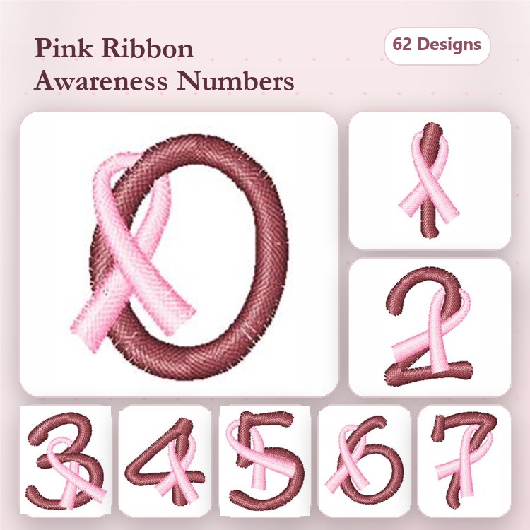 Pink Ribbon Awareness Numbers Embroidery Bundle – Pink Ribbon Number 0, Pink Ribbon Number 1, Pink Ribbon Number 2 & More (62 Designs)