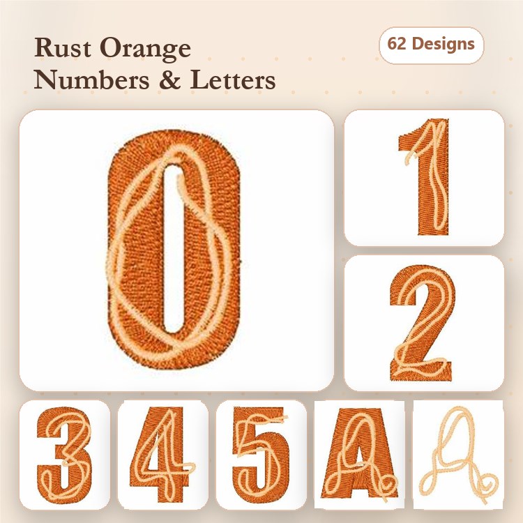 Numbers & Letters Embroidery Bundle – Rust Orange Characters 0-5, Uppercase A & More (62 Designs)