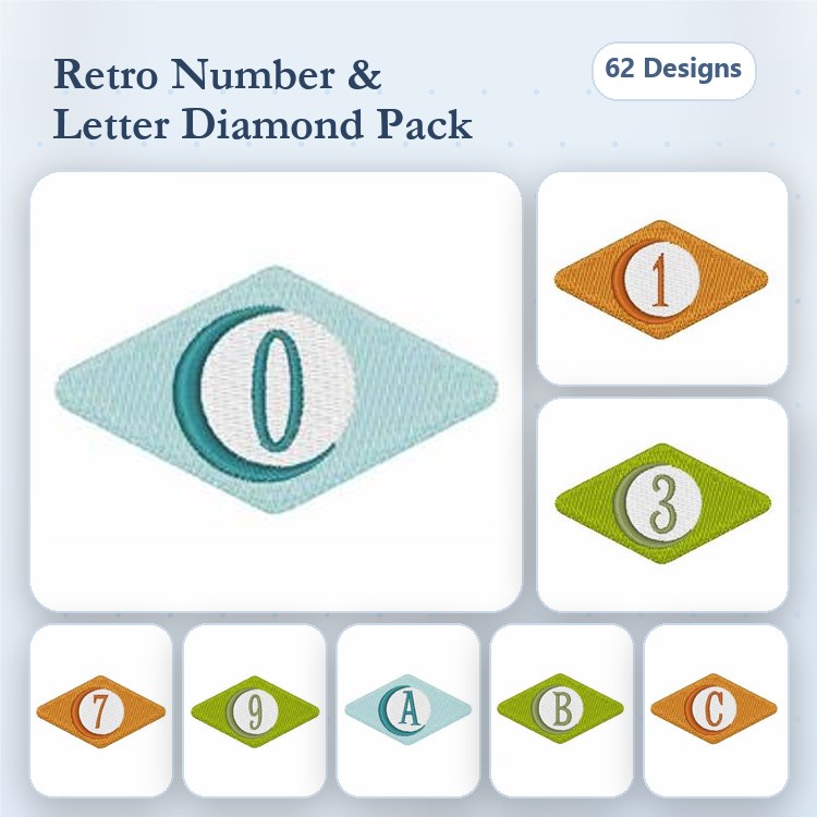 Standard Retro Numbers & Letters Embroidery Designs Bundle – Diamond Shapes & More (62 Designs)