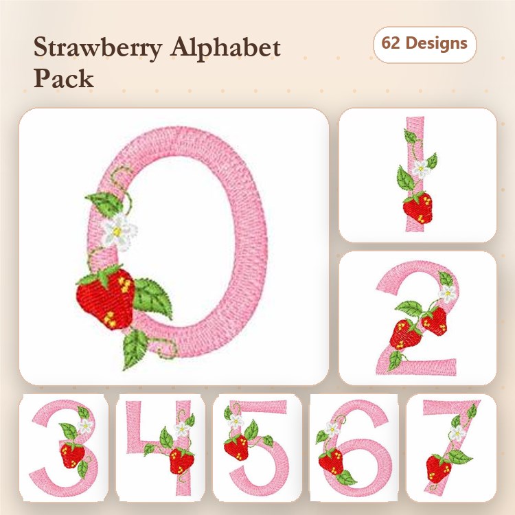 Strawberry Alphabet Embroidery Designs Bundle – Numbers with Strawberries, Leaves & Flowers (62 Designs)
