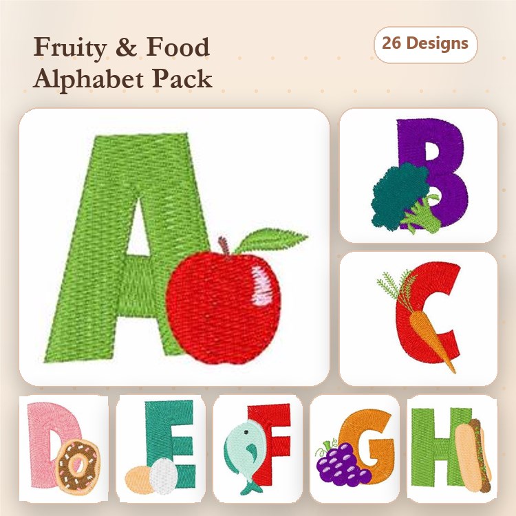 Fruity and Food Alphabet Embroidery Designs Bundle – A with Apple, B with Broccoli, C with Carrot & More (26 Designs)