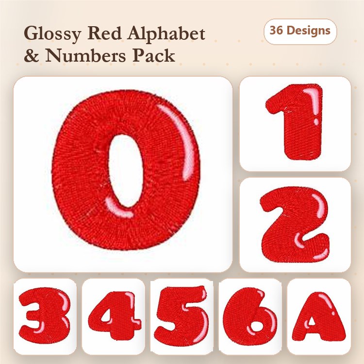 Glossy Red Alphabet & Numbers Embroidery Bundle – 0, 1, 2, 3, 4, 5, 6, A & More (36 Designs)