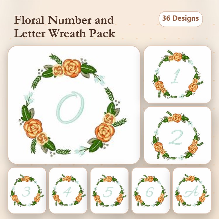 Floral Wreaths with Numbers & Letters Embroidery Designs Bundle – Wreath with Number 0, Wreath with Letter A & More (36 Designs)