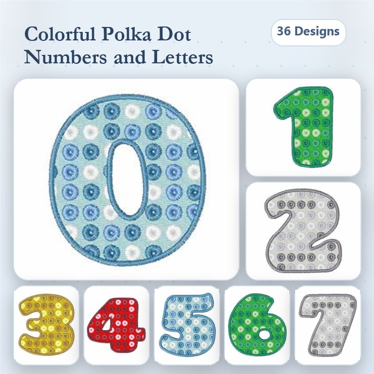 Colorful Polka Dot Numbers & Letters Embroidery Designs Bundle – Polka Dot Number 0, Polka Dot Letter A & More (36 Designs)