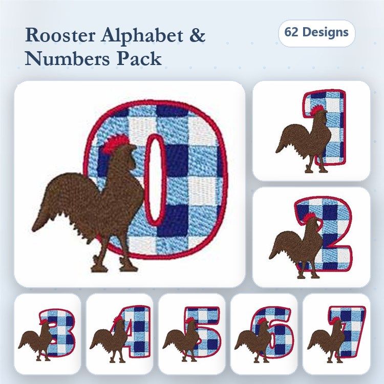 Rooster-Themed Alphabet and Numbers Embroidery Bundle – Rooster Number 0, Rooster Number 1, Rooster Number 2 & More (62 Designs)
