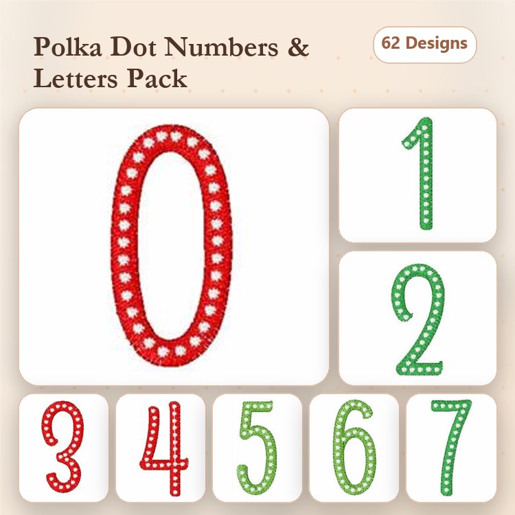 Polka Dot Numbers & Letters Embroidery Designs Bundle – Polka Dot Number 0, Polka Dot Letter A, & More (62 Designs)