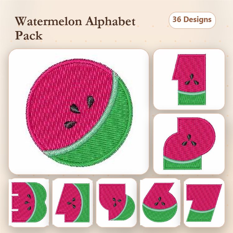 Watermelon Alphabet Embroidery Designs Bundle – Watermelon A, Watermelon B, Watermelon C & More (36 Designs)
