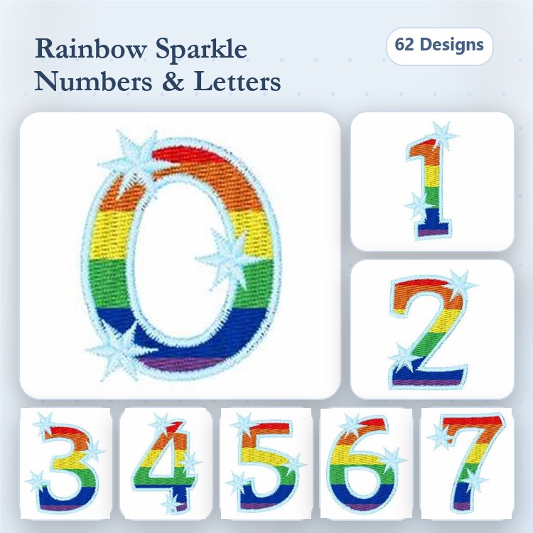 Rainbow Sparkle Numbers Embroidery Bundle – 0, 1, 2, 3, 4, 5, 6, 7 & More (62 Designs)