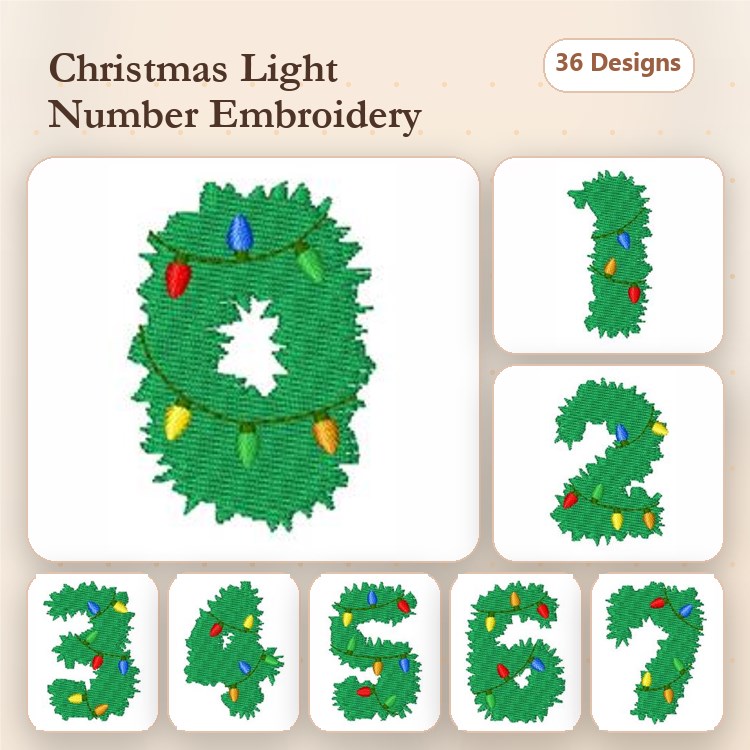 Christmas Light Numbers Embroidery Designs Bundle – Festive Digit Decor for the Holidays (36 Designs)