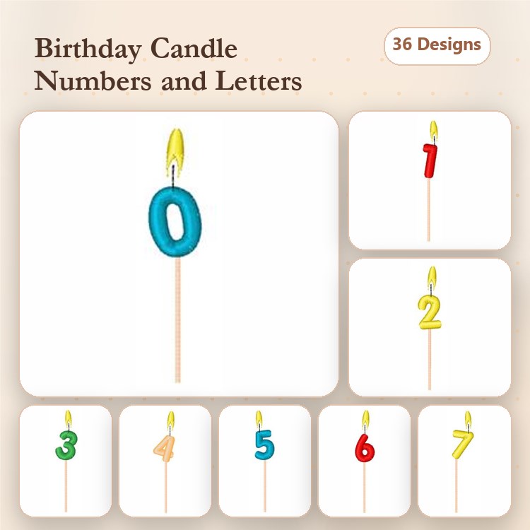 Birthday Candle Numbers & Letters Embroidery Bundle – Number 0, Letter A, Number 5 & More (36 Designs)