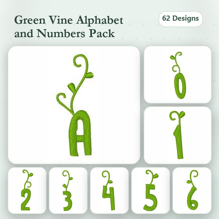 Green Vine Alphabet & Numbers Embroidery Bundle – A with Vine, B with Vine, C with Vine & More (62 Designs)