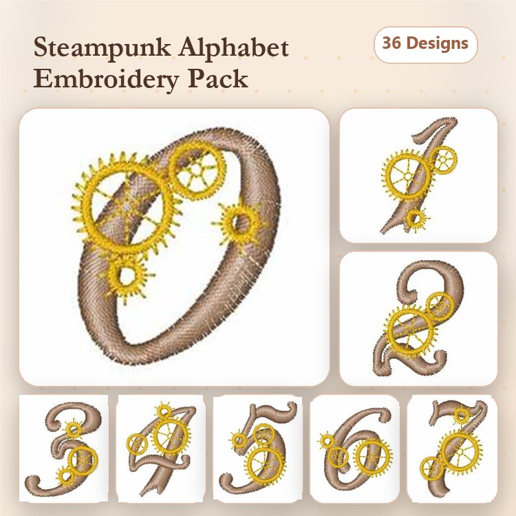 Steampunk Numbers Embroidery Designs Bundle – Steampunk Number 0, Gears, Steampunk Number 1 & More (36 Designs)