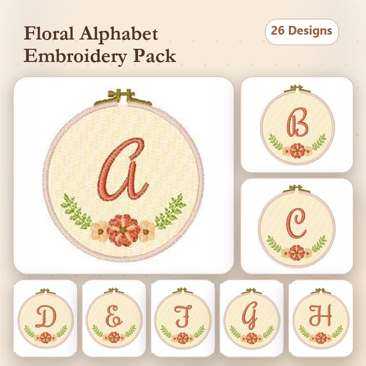 Floral Alphabet Embroidery Designs Bundle – Floral Letter A, B, C & More (26 Designs)