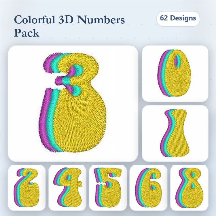 Colorful 3D Numbers Embroidery Designs Bundle – Bold Zero to Nine & More (62 Designs)