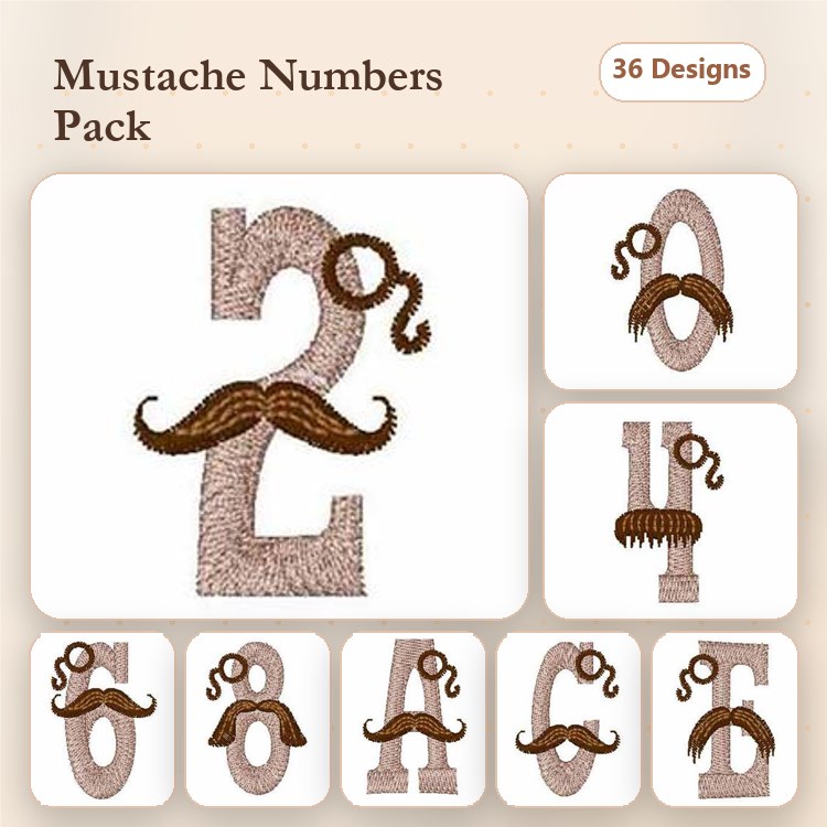 Mustache-themed Numbers Embroidery Designs Bundle – Number 0, Number 1, Number 2 & More (36 Designs)