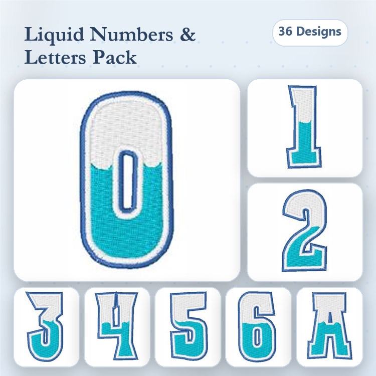 Liquid Numbers & Letters Embroidery Designs Bundle – Number 0, Number 1, Number 2, Letter A & More (36 Designs)