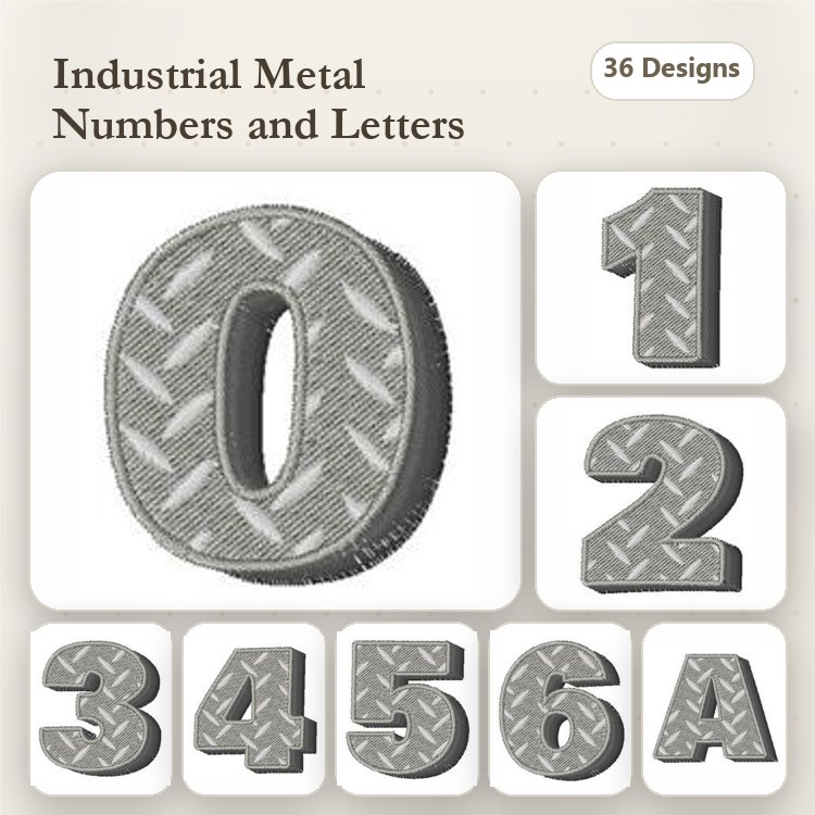 Industrial Metal Numbers & Letters Embroidery Bundle – Metal Number 0, Metal Number 1, Metal Letter A & More (36 Designs)
