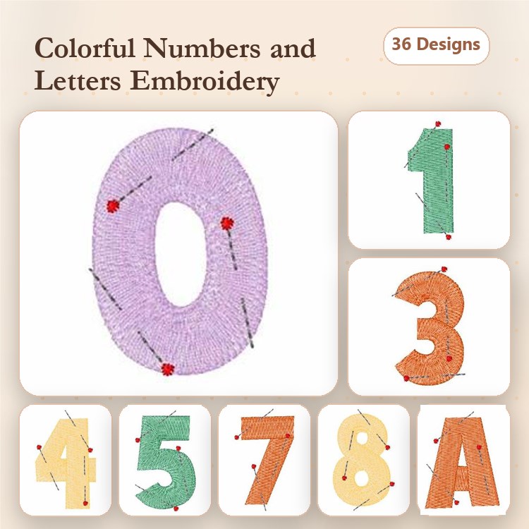 Colorful Numbers & Letters Embroidery Designs Bundle – Number 0, Number 1, Letter A & More (36 Designs)