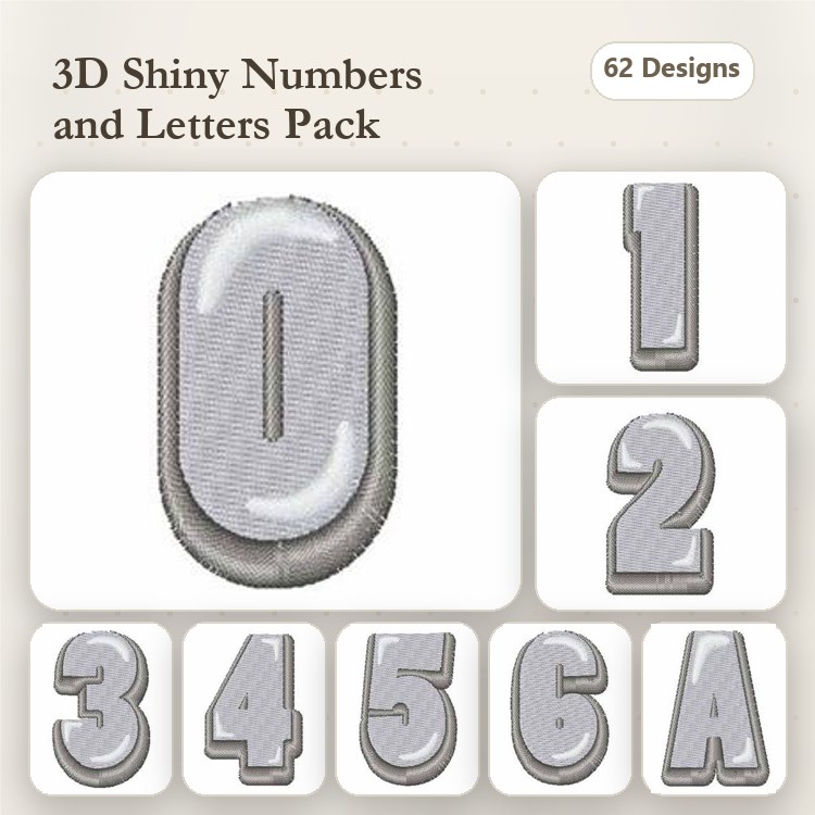 3D Shiny Numbers and Letters Embroidery Designs Bundle – 0, 1, 2, 3, 4 & More (62 Designs)