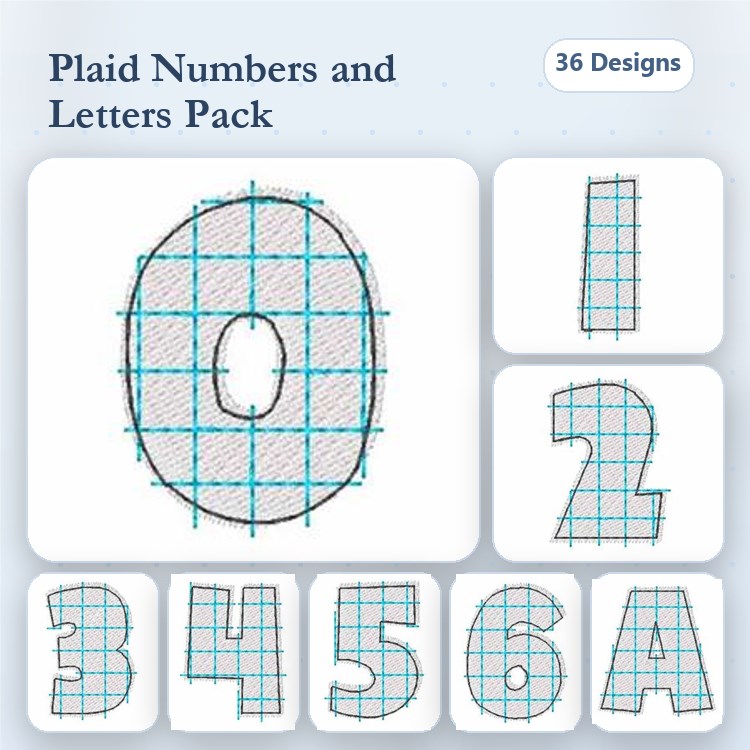Plaid Numbers & Letters Embroidery Designs Bundle – Number 0, Number 1, Number 2, Number 3 & More (36 Designs)