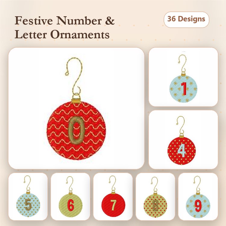 ITH Festive Number & Letter Ornaments Embroidery Designs Bundle – Number 0, Number 1, Number 4 & More (36 Designs)