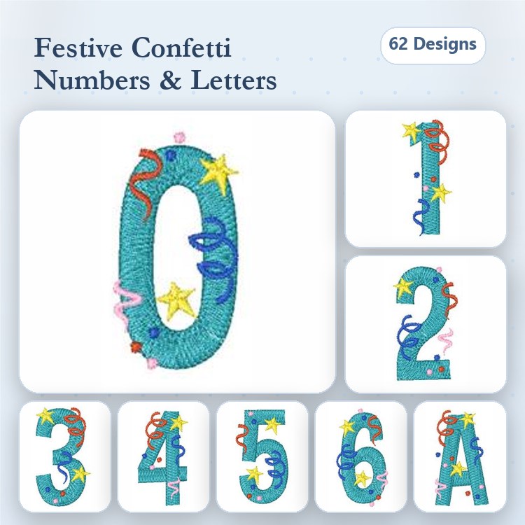 Festive Confetti Embroidery Designs Bundle – Letters A, B, C & Numbers 0, 1, 2 (62 Designs)
