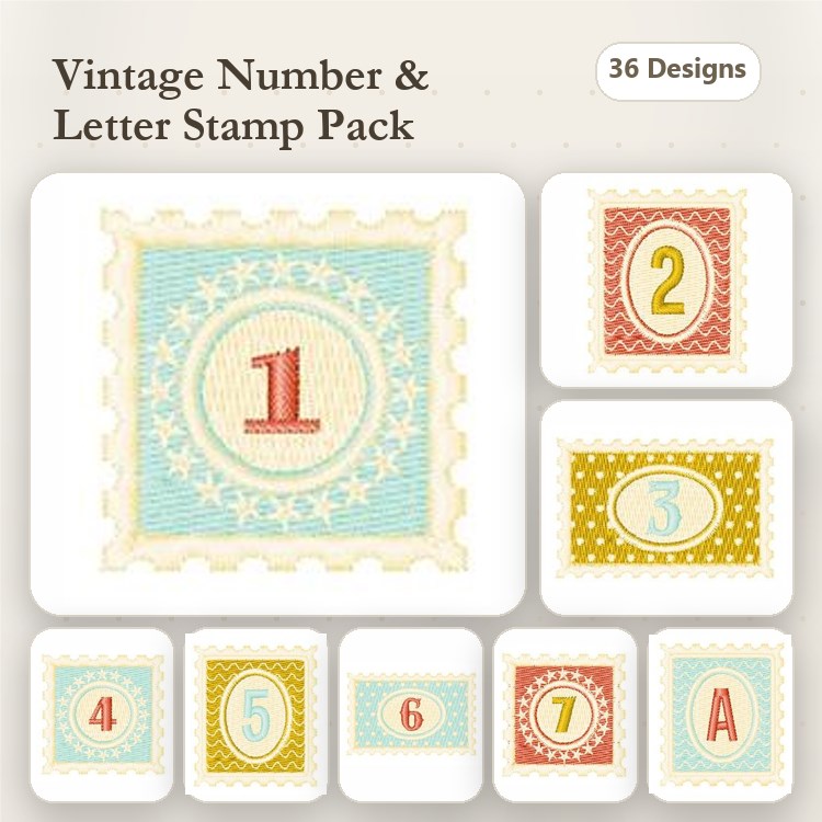 Stamp Embroidery Bundle – Number Stamps 1-7, Letter A & More (36 Designs)