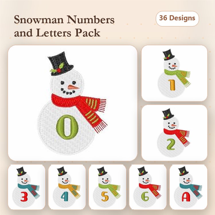 Snowman Numbers and Letters Embroidery Designs Bundle – Snowman with 0, Snowman with 1, Snowman with 2 & More (36 Designs)