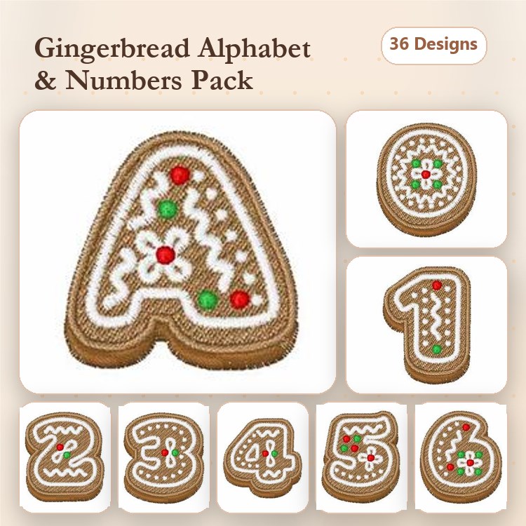 Gingerbread Alphabet and Numbers Embroidery Bundle – Gingerbread Letter A, Gingerbread Number 0, 1, 2 & More (36 Designs)
