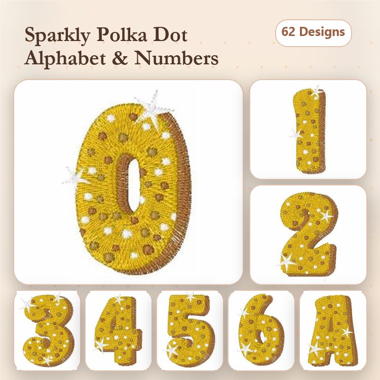 Sparkly Polka Dot Alphabet & Numbers Embroidery Designs Bundle – Numbers 0-6, Letter A & More (62 Designs)