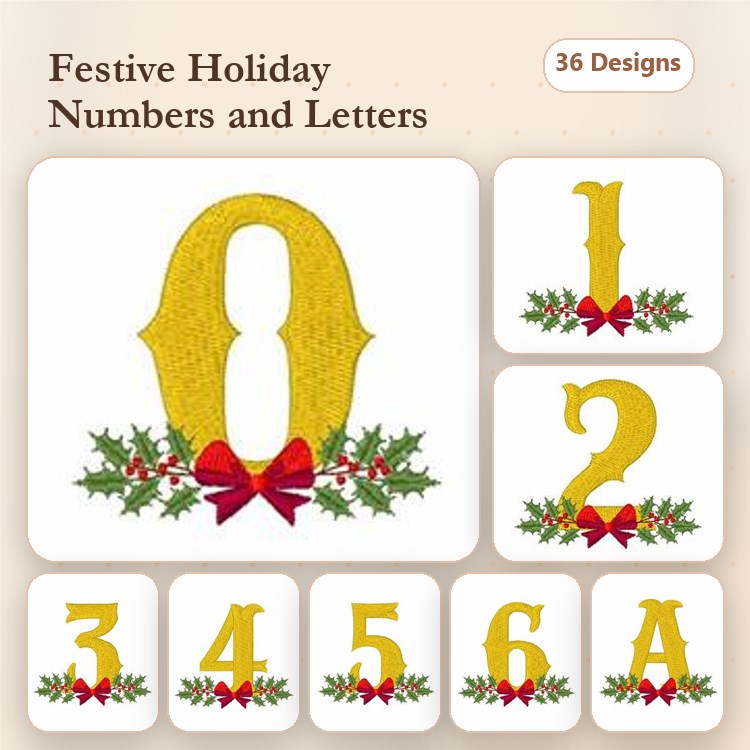 Festive Holiday Numbers & Letter A Embroidery Designs Bundle – Number 0 with Holly, Number 1 with Holly, & More (36 Designs)